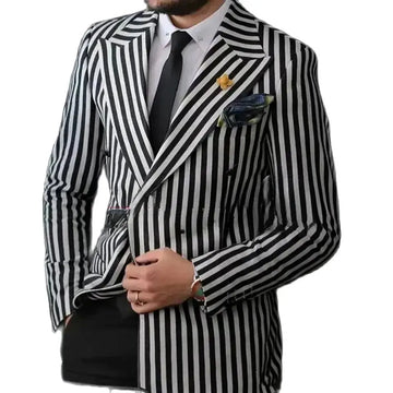 Aidase Luxury Men's Suits Blazer Black White Stripe Double Breasted Peaked Lapel Elegant 2 Piece Jacket Pants Slim Fit Tailor Clothing aidase-shop